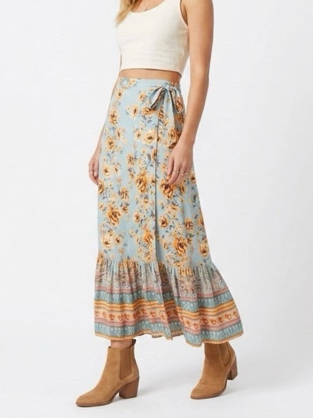 NEW Band Of The Free Floral Wrap Skirt Tie Side Beach Boho Prairie Ruffle SMALL